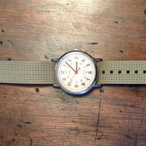 Timex Weekender wrist watch, green fabric strap, indiglo